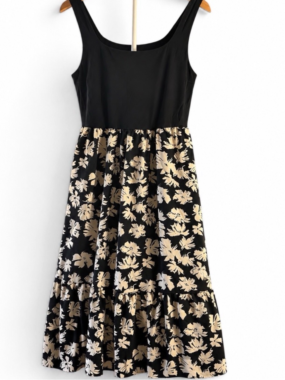 Lucky Brand Black Floral Dress L Sleeveless Tie Waist Midi New